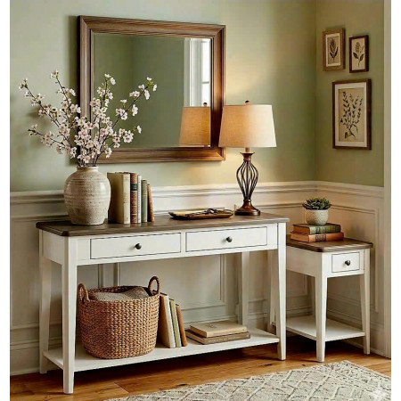 P2728 Collection 03 : Bộ 2 Bàn Trang Trí - Màu Trắng + Nâu